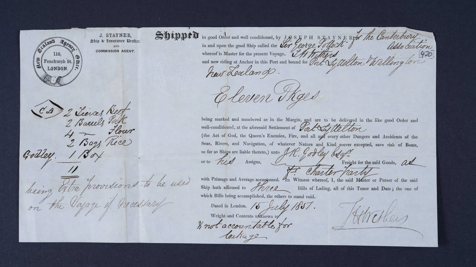 Handwritten 1851 bill of lading listing casks of beef, barrels of flour and boxes shipped from London