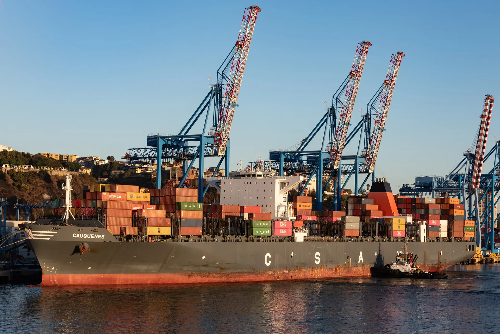 Container ship alongside ship-to-shore cranes