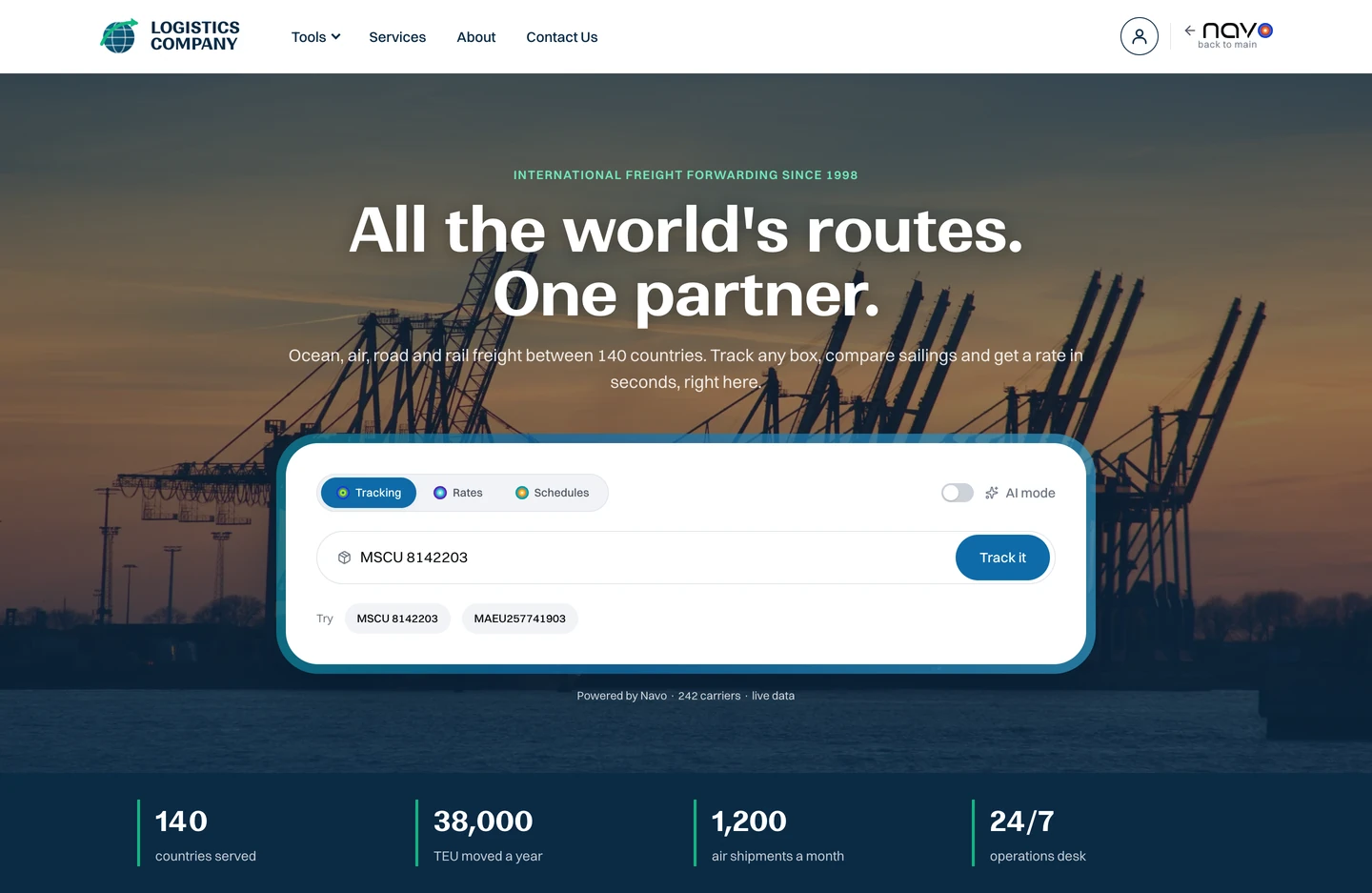 Logistics Company homepage with the Navo tracking widget embedded in its hero