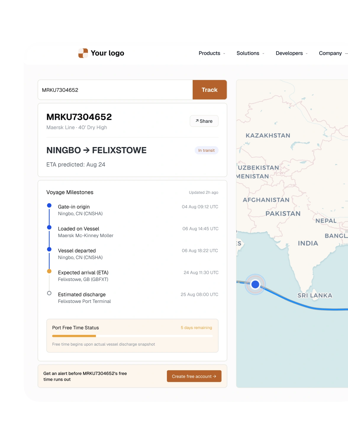 Harbor & Hale tracking dashboard with route map