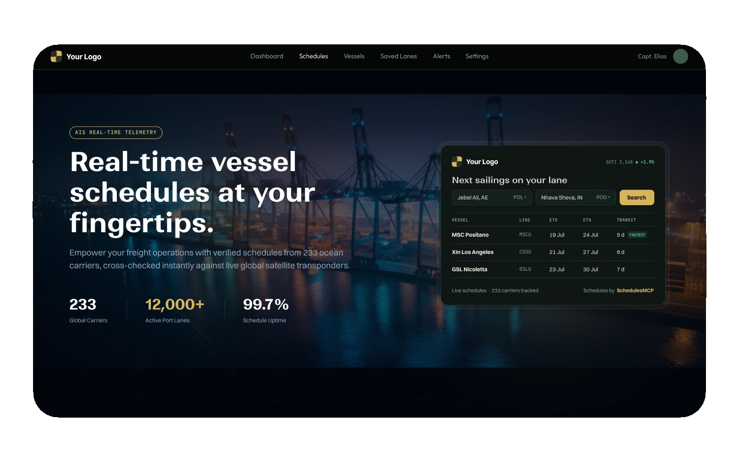 Meridian Cargo homepage hero with schedules widget